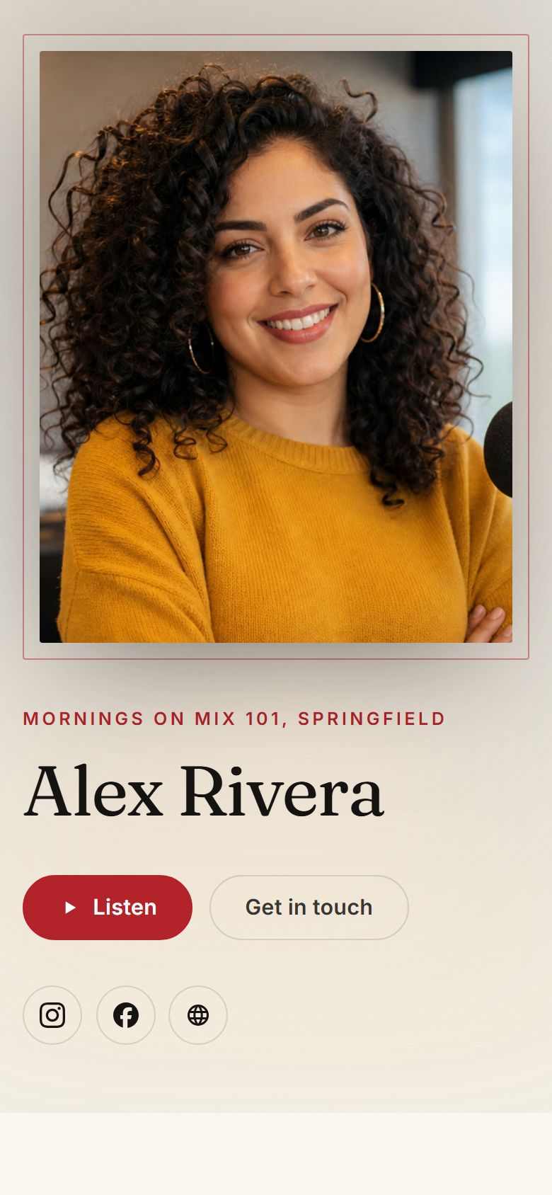 The same page on a phone, with the photograph on top and the name and Listen button below.