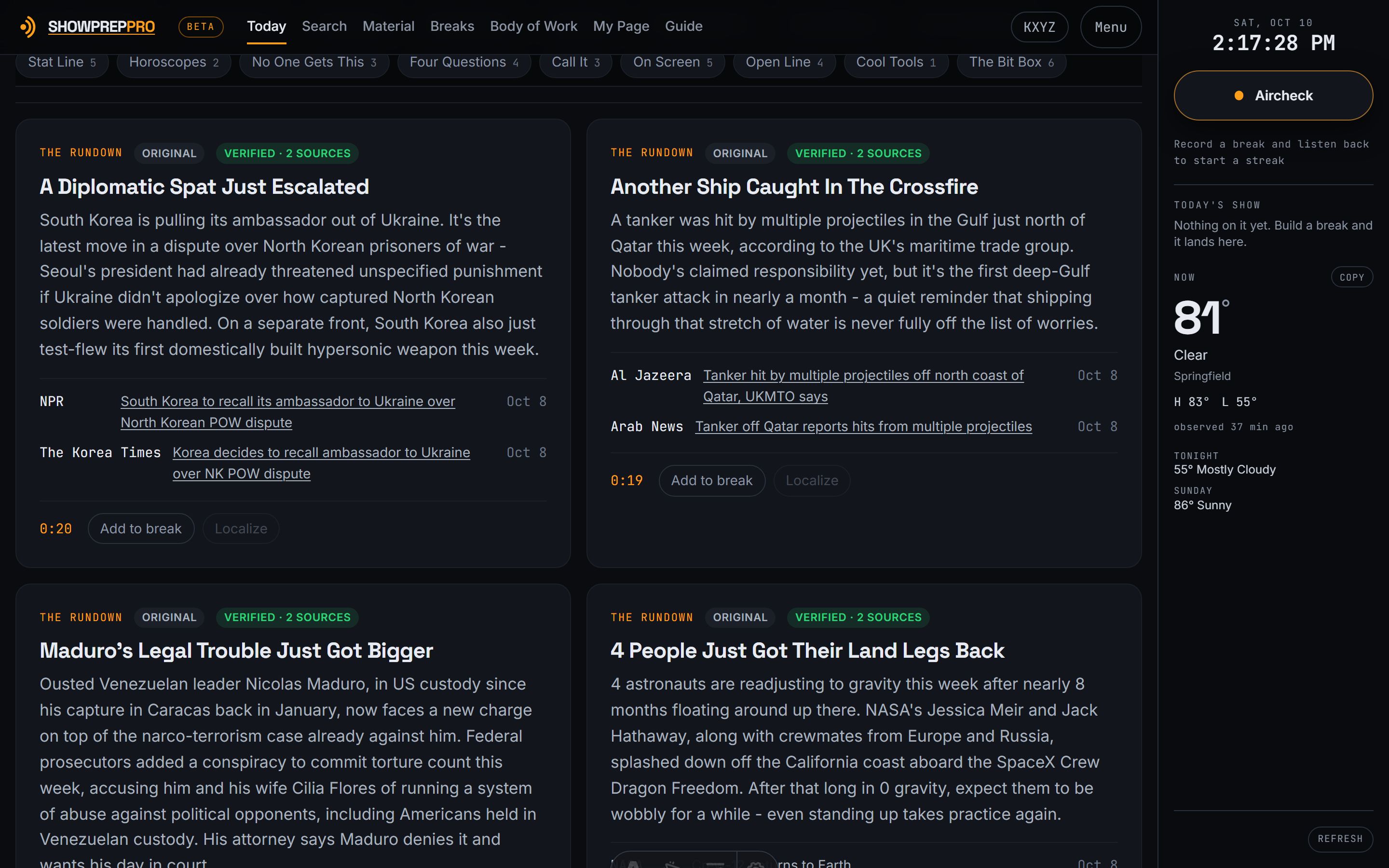 The Today page in the app: two Rundown stories, each tagged VERIFIED · 2 SOURCES with the publications and dates linked underneath, a read time and an Add to break button on each, and the studio rail on the right with the clock, the Aircheck button and Springfield's weather.